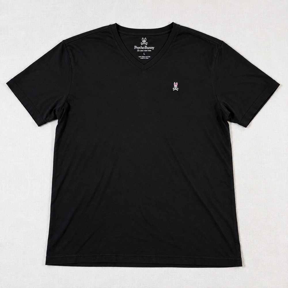 Psycho Bunny Mens Black V-Neck Pima Cotton T-Shirt Size 7 Large Logo Tee